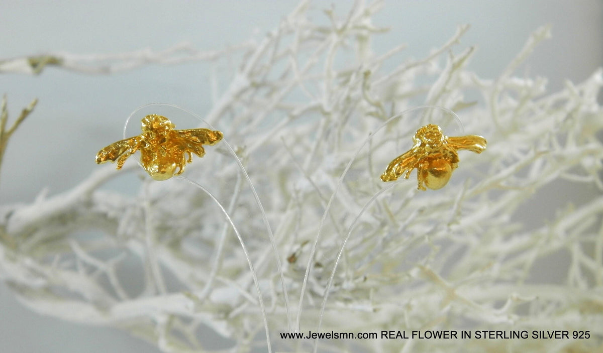 Real Bee Stud Earrings, 14K Gold Plated Brass Jewelry, Handmade
