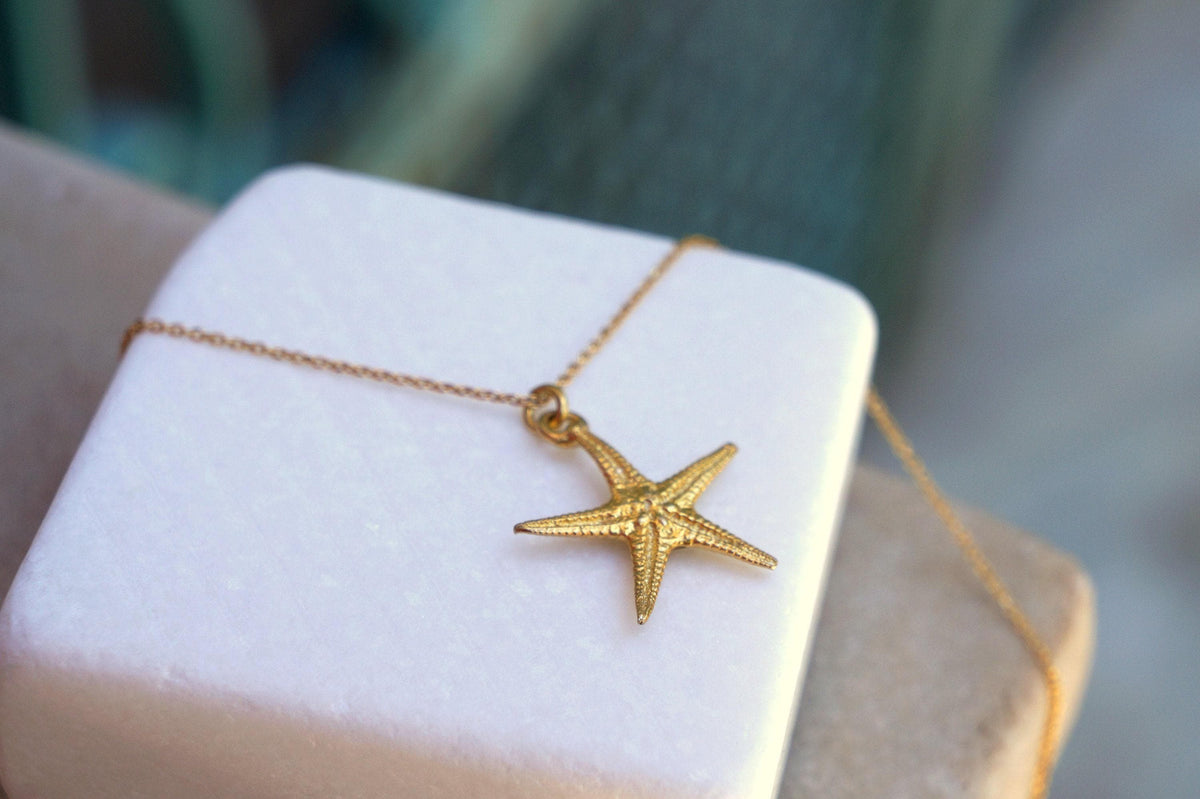 Real Starfish Pendant with Chain, 14K Gold Plated Sterling Silver 925