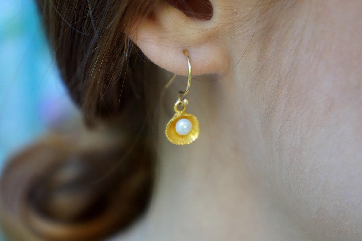 Minimalist Shell and Pearl Earrings: Dainty Sterling Silver, 14k Gold
