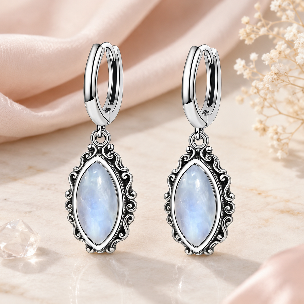 Orecchini Luna - Argento 925 e Pietra di Luna 12x6 mm