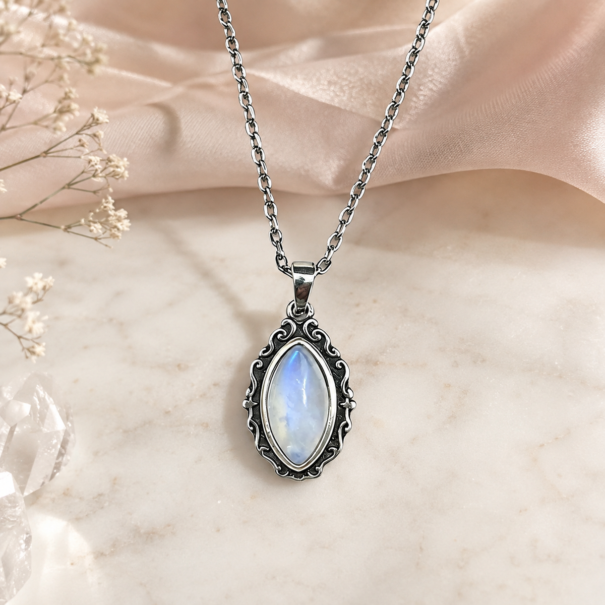 Collana Lunaria - Argento 925 e Pietra di Luna 12x6 mm