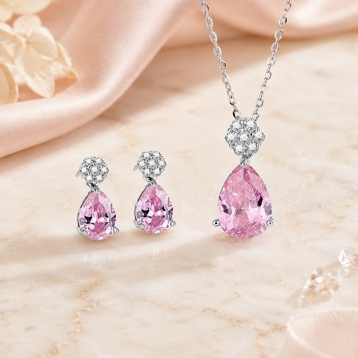 Parure Rosalie - Argento 925, Quarzo Rosa e Zirconi