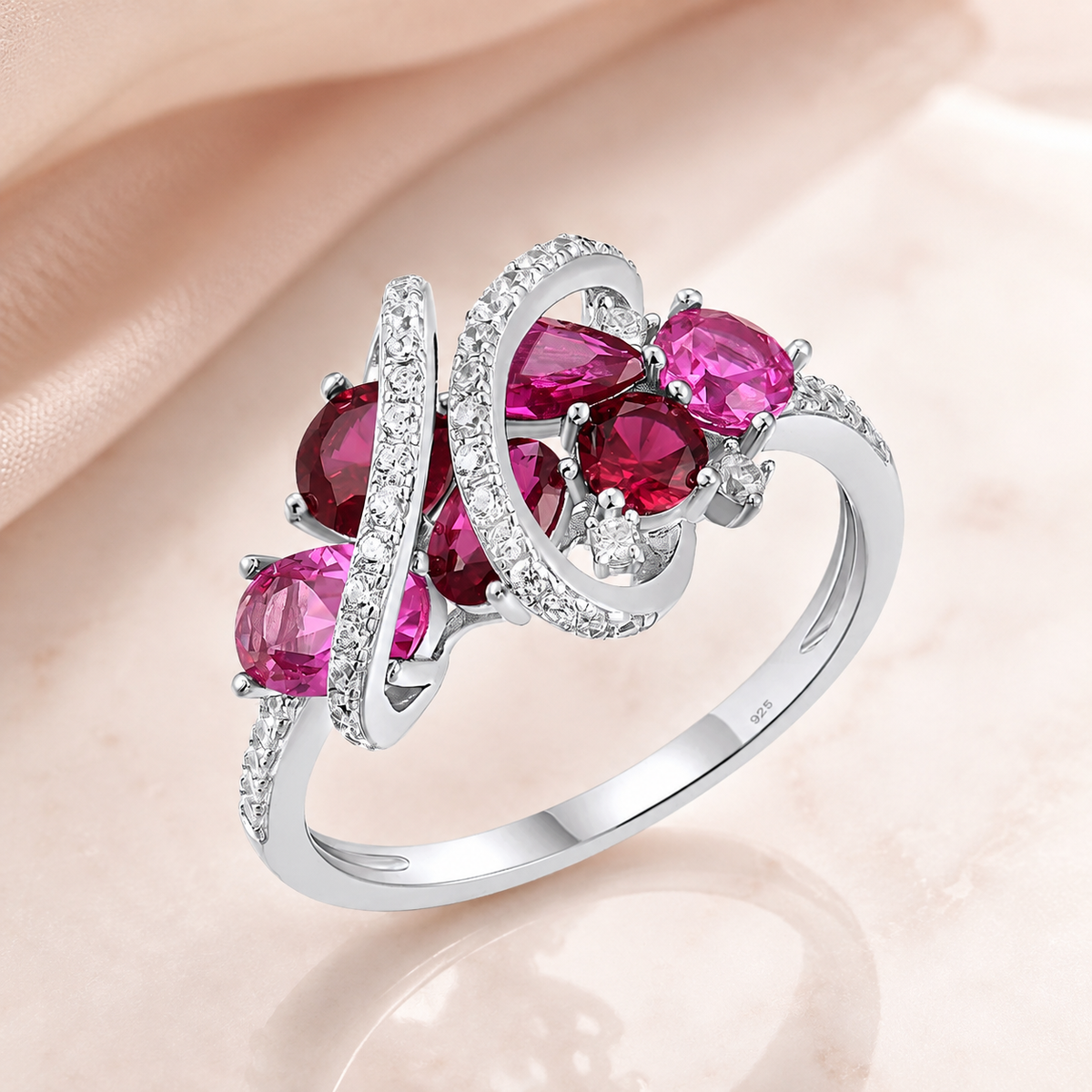 Anello Rubis Rose - Argento 925, Zaffiro Rosa, Rubini e Zirconi