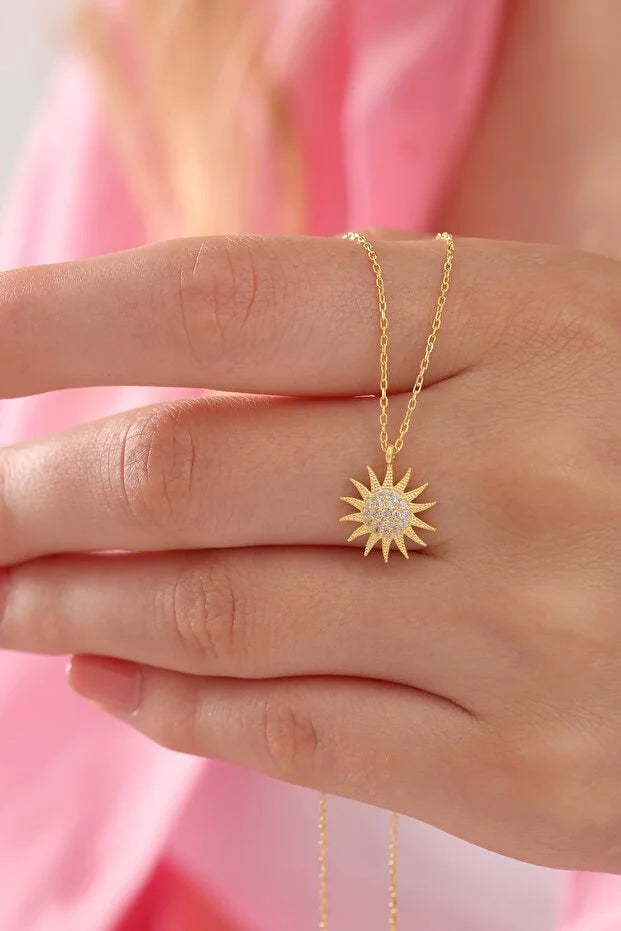 925 Sterling Silver Gold Plated Sun Pendant with White Zircon Stone