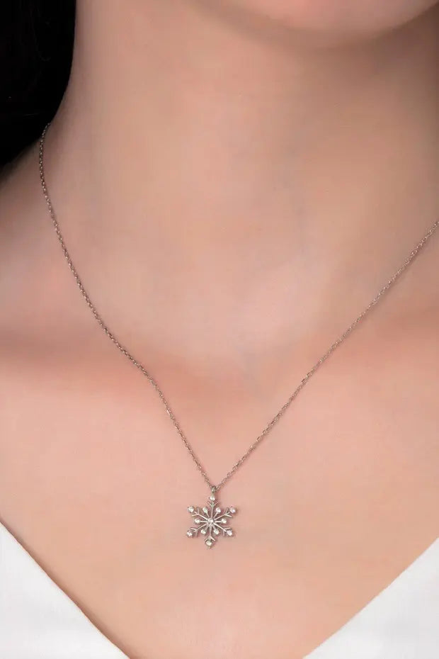 925 Sterling Silver Snowflake Necklace with White Stone