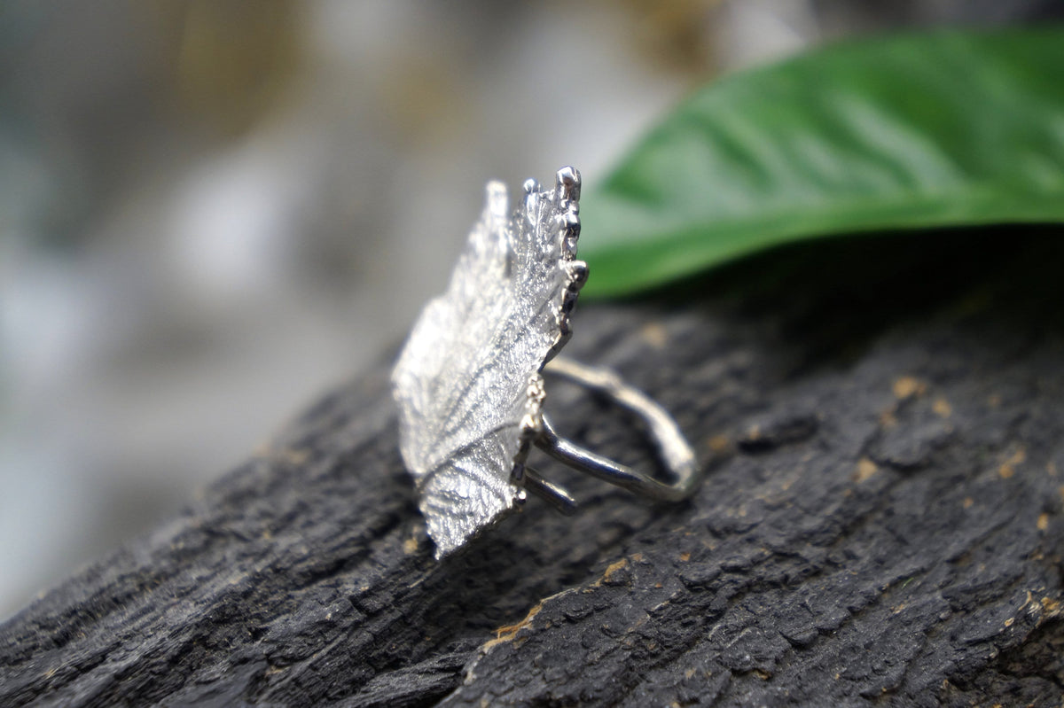 Bourbon Rose Leaf Ring: Handmade Sterling Silver Adjustable