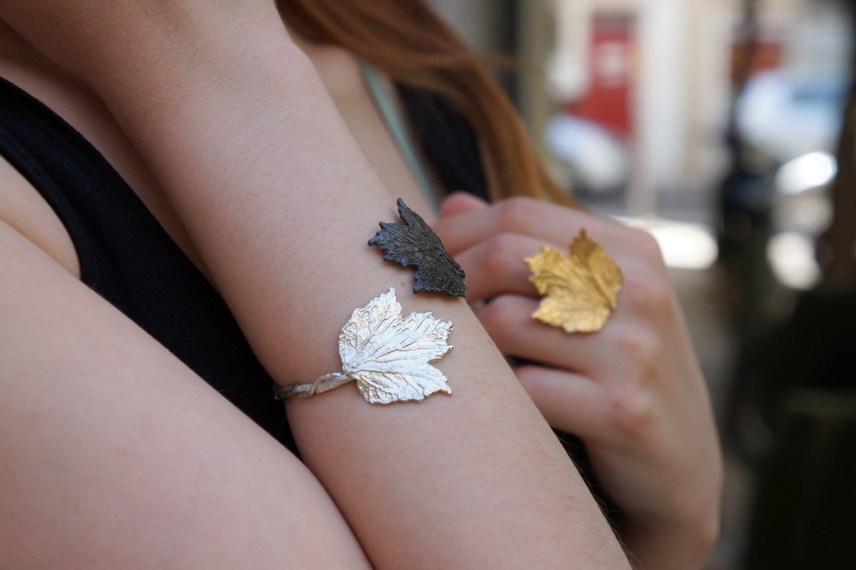 Bourbon Rose Leaf Ring: Handmade Sterling Silver Adjustable