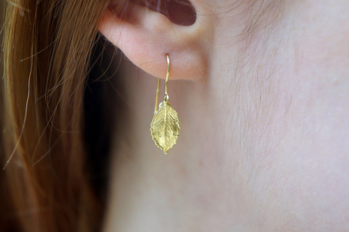 Gold Rose Leaf Earrings, Handmade Minimalist Jewelry, Organic Forest
