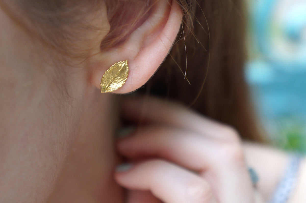 Gold Rose Leaf Earrings, Handmade Minimalist Jewelry, Organic Forest
