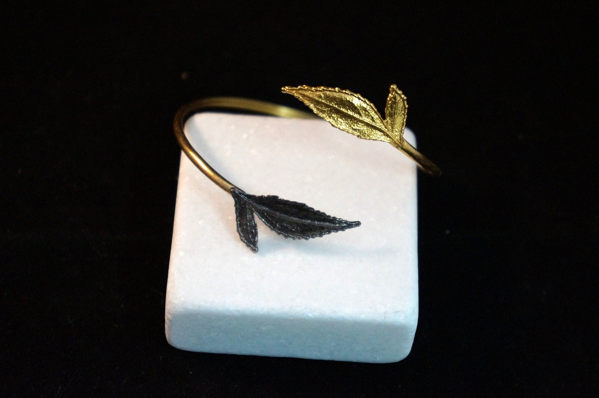 Rose Leaf Cuff Bracelet - Gold Plated with Black Rhodium Accent
