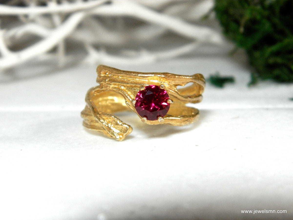 Gold Branch Ring with Lab Diamond, 14K Gold Plated Sterling Silver 925