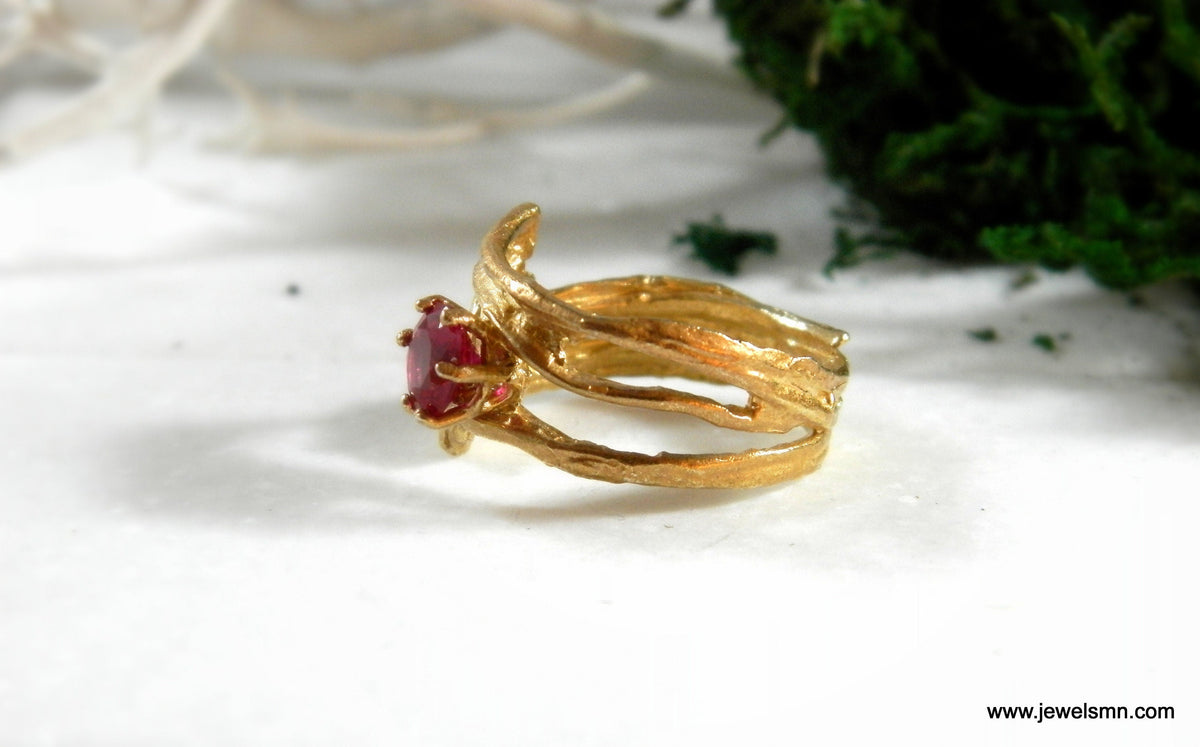 Gold Branch Ring with Lab Diamond, 14K Gold Plated Sterling Silver 925