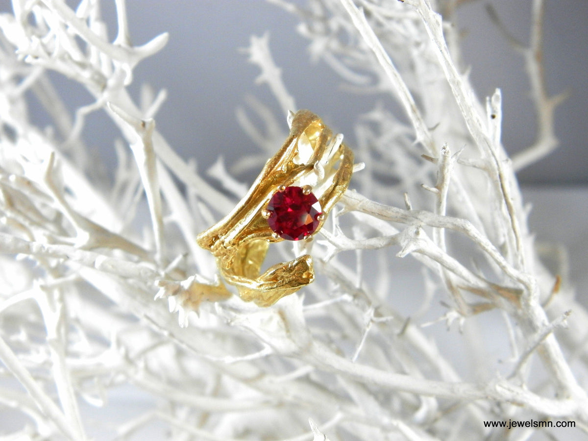 Gold Branch Ring with Lab Diamond, 14K Gold Plated Sterling Silver 925