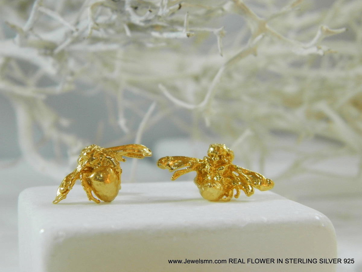 Real Bee Stud Earrings, 14K Gold Plated Brass Jewelry, Handmade