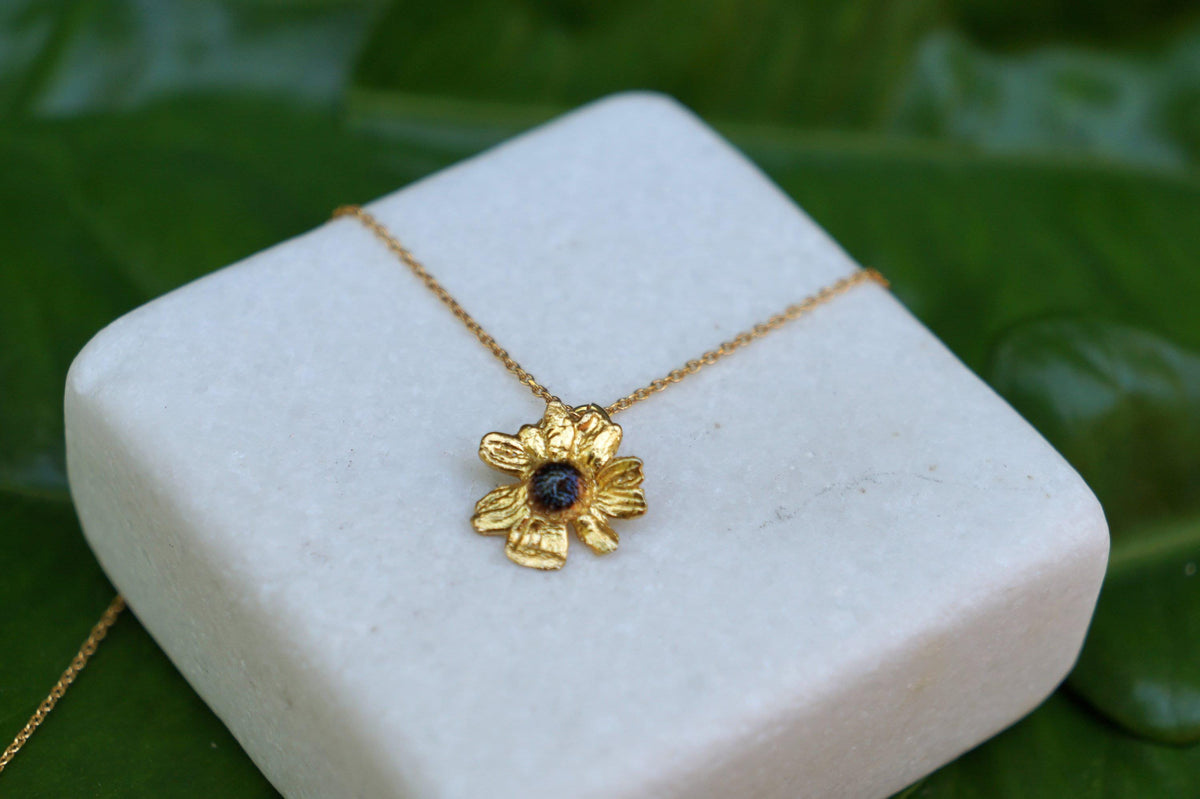 Real Chamomile Flower Necklace, 14K Gold Plated Brass Pendant,