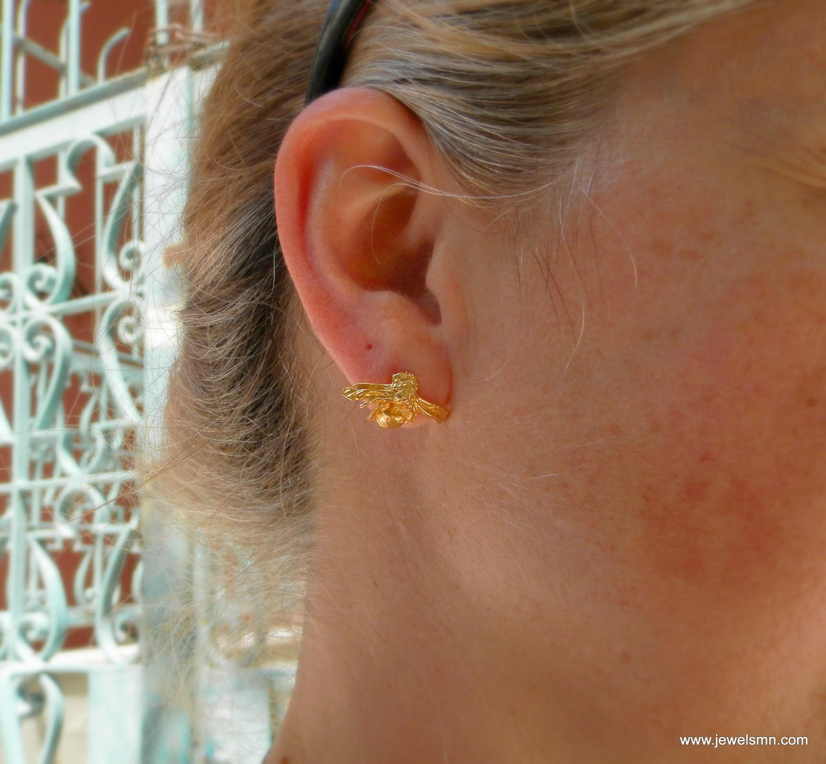 Real Bee Stud Earrings, 14K Gold Plated Brass Jewelry, Handmade