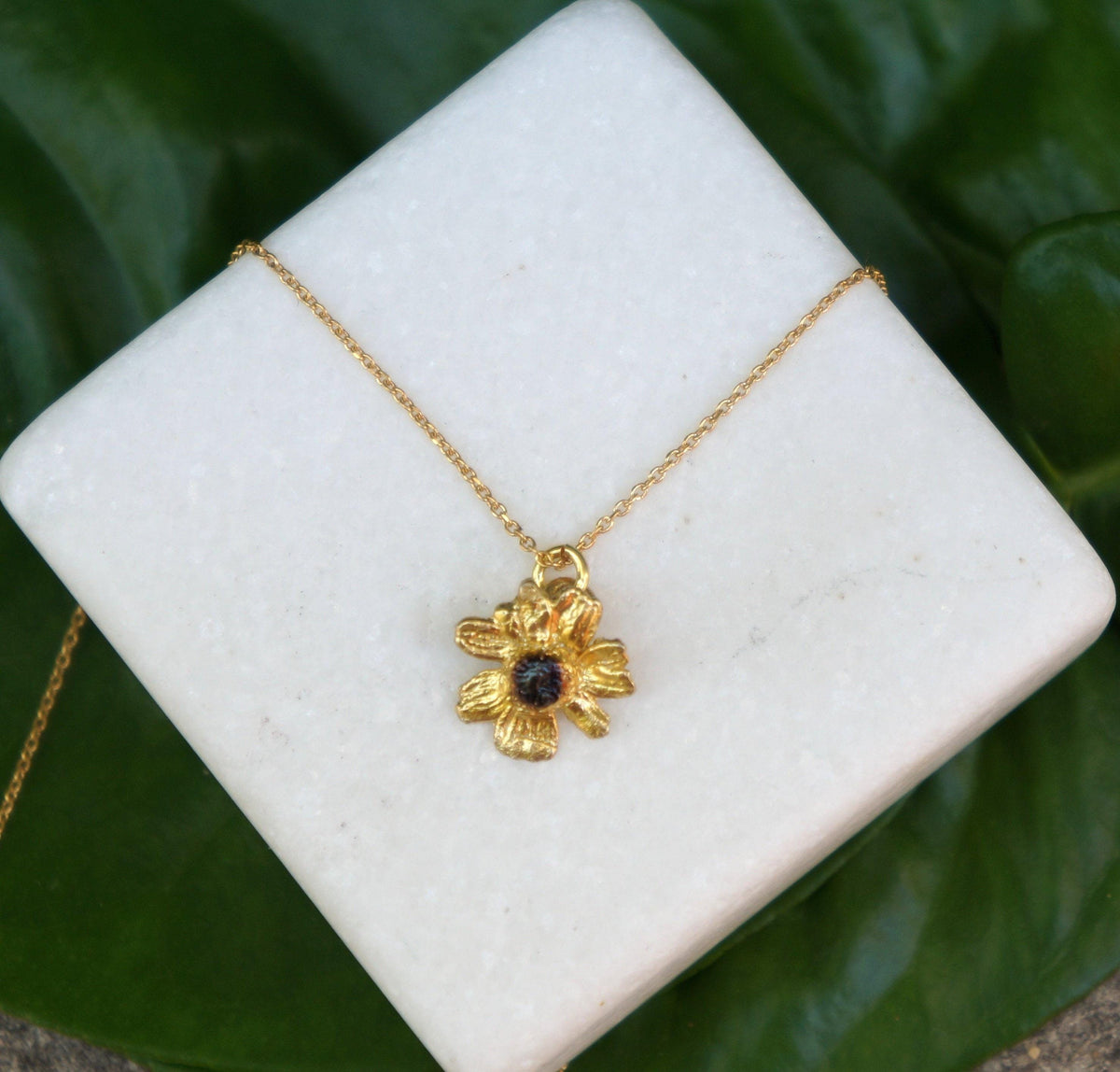 Real Chamomile Flower Necklace, 14K Gold Plated Brass Pendant,
