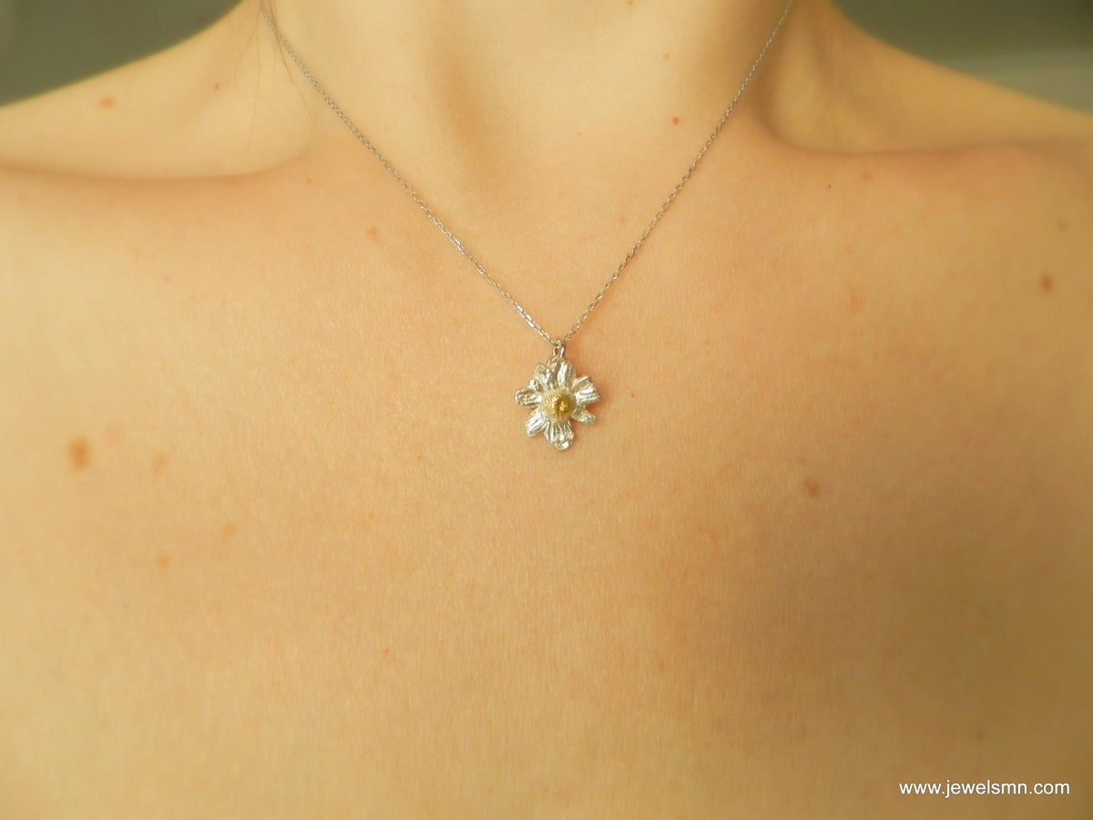 Real Chamomile Flower Necklace, 14K Gold Plated Brass Pendant,