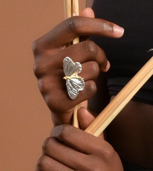 Real Butterfly Ring, 14K Gold Plated Brass, Handmade Nature Jewelry
