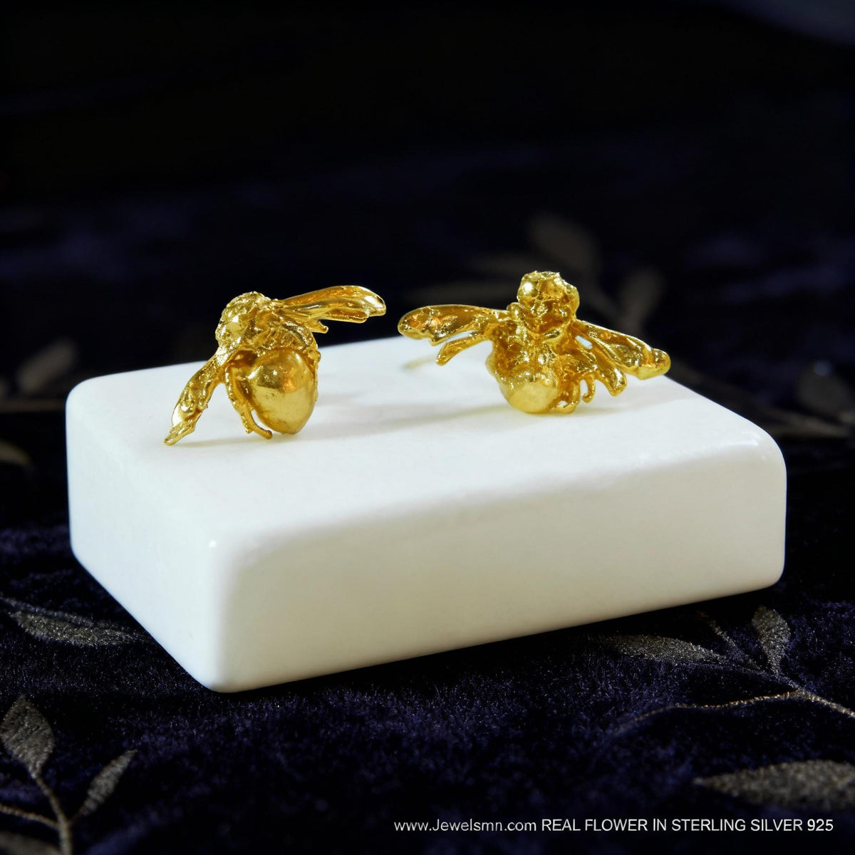 Real Bee Stud Earrings, 14K Gold Plated Brass Jewelry, Handmade