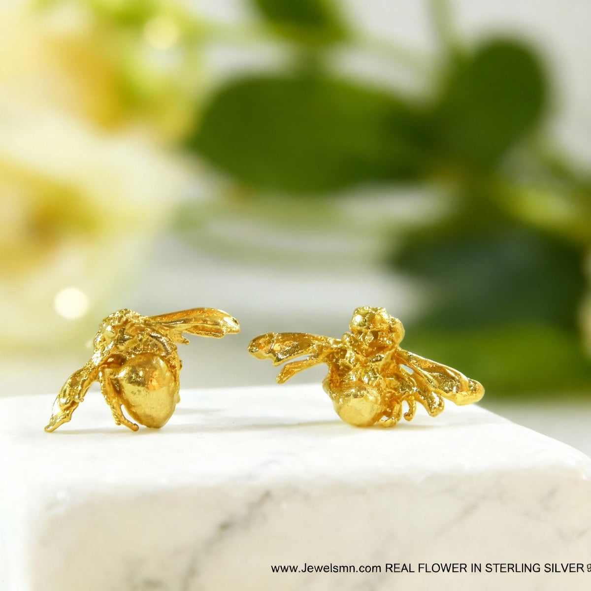 Real Bee Stud Earrings, 14K Gold Plated Brass Jewelry, Handmade