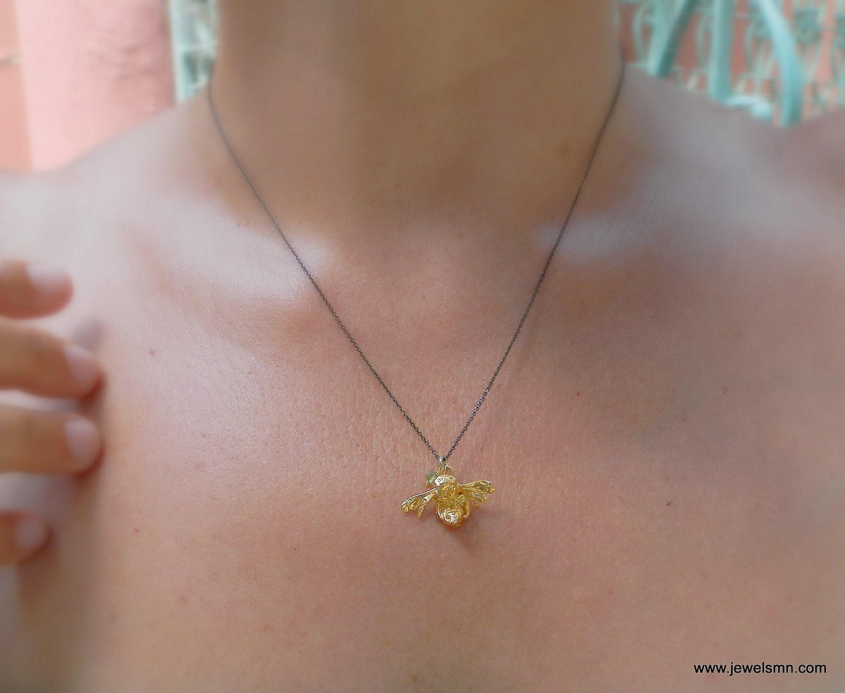 Real Bee Gold Necklace, Handmade Minimalist Jewelry, Organic Boho