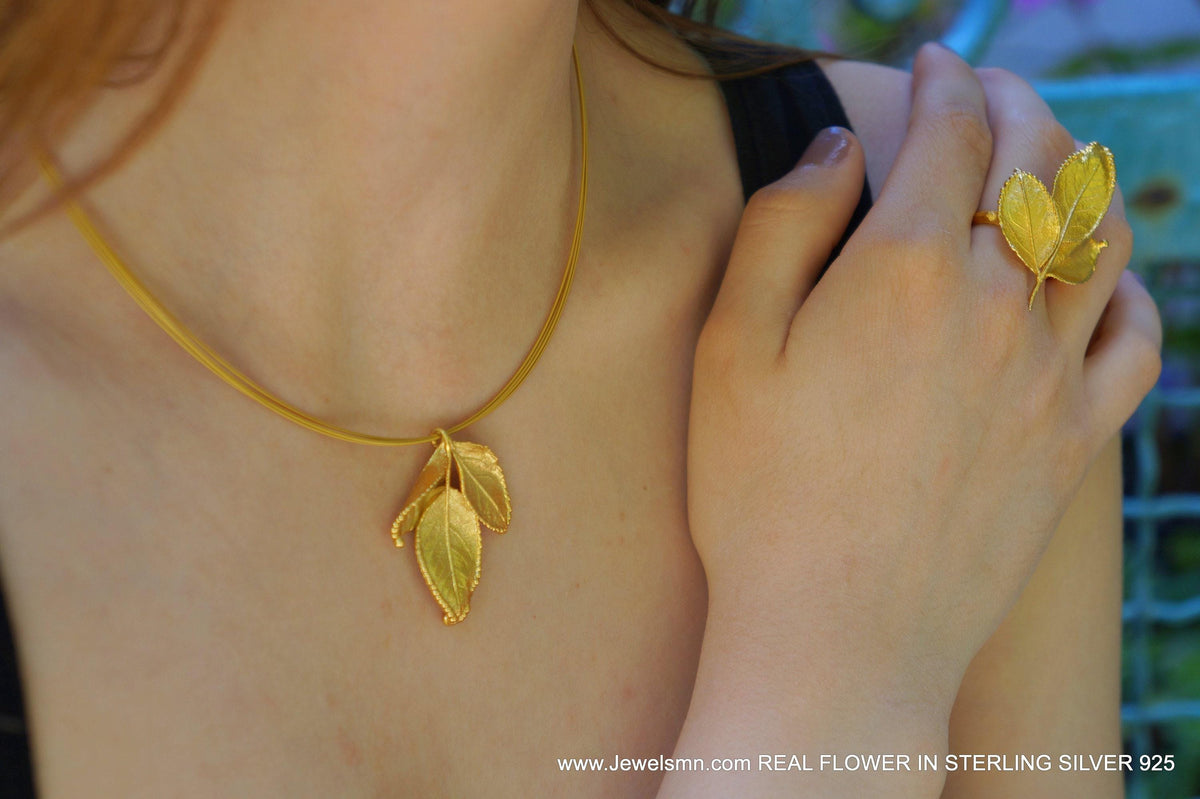 Real Rose Leaf Necklace, 14K Gold Plated Sterling Silver 925 Pendant,