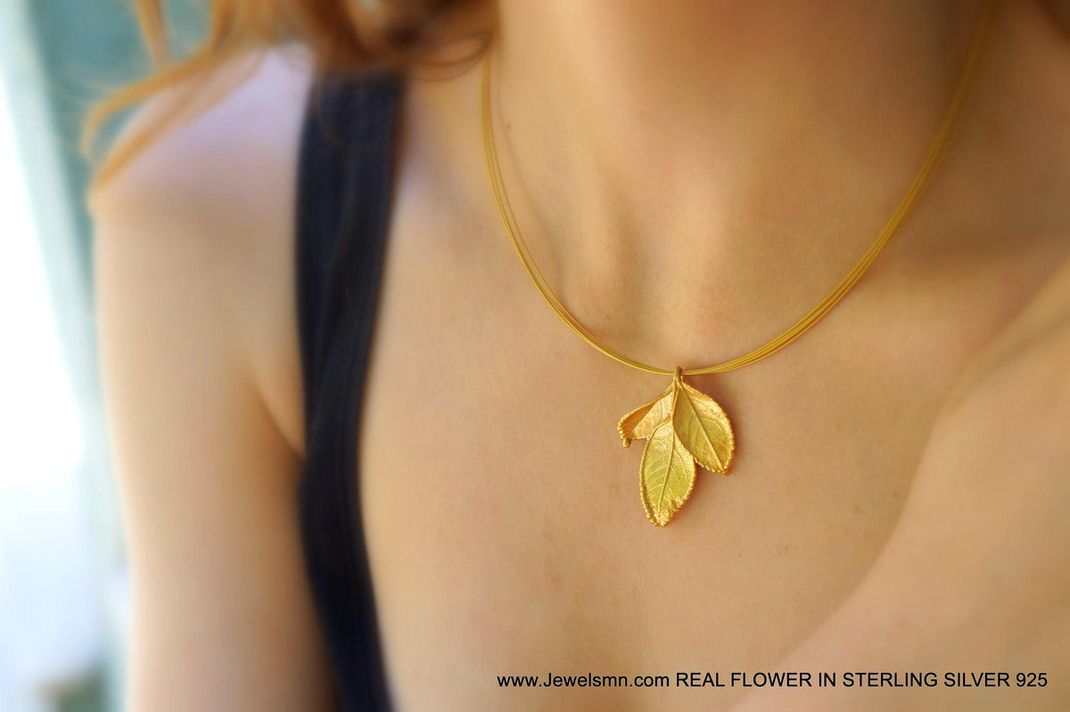 Real Rose Leaf Necklace, 14K Gold Plated Sterling Silver 925 Pendant,