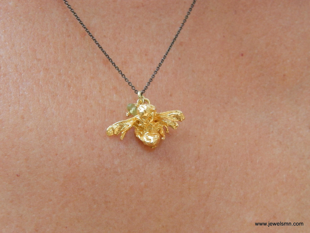 Real Bee Gold Necklace, Handmade Minimalist Jewelry, Organic Boho