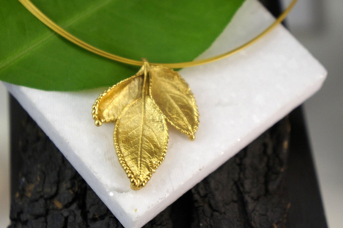Real Rose Leaf Necklace, 14K Gold Plated Sterling Silver 925 Pendant,