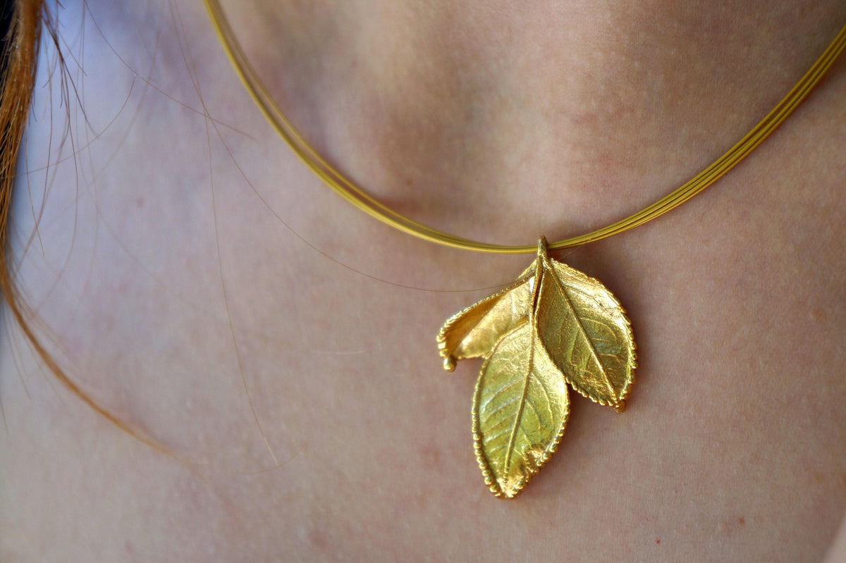 Real Rose Leaf Necklace, 14K Gold Plated Sterling Silver 925 Pendant,