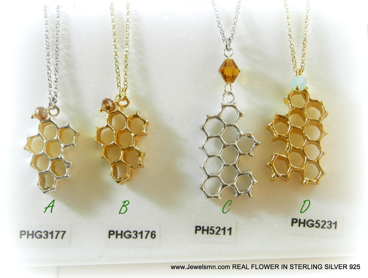 Honeycomb Bee Necklace - Sterling Silver with Gold Plated Option