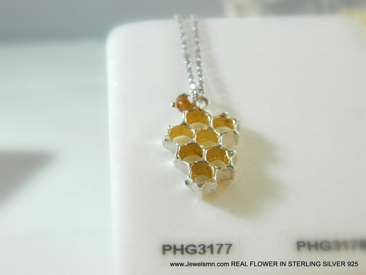 Honeycomb Bee Necklace - Sterling Silver with Gold Plated Option