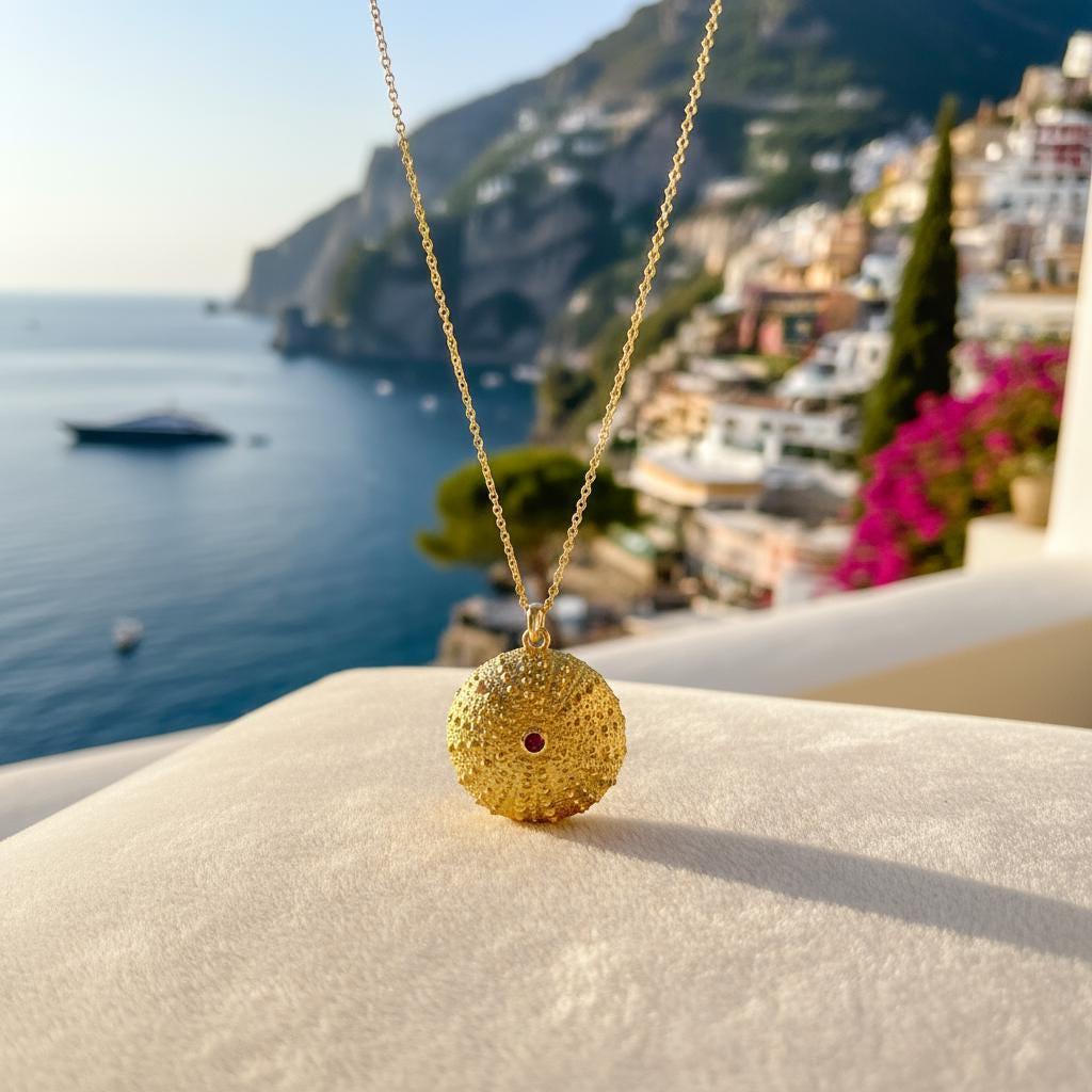 Sea Urchin Pendant Necklace: Gold Plated Silver - Sparkling Zircon