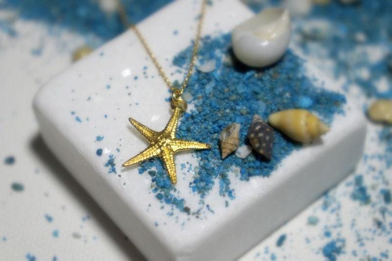 Real Starfish Pendant with Chain, 14K Gold Plated Sterling Silver 925