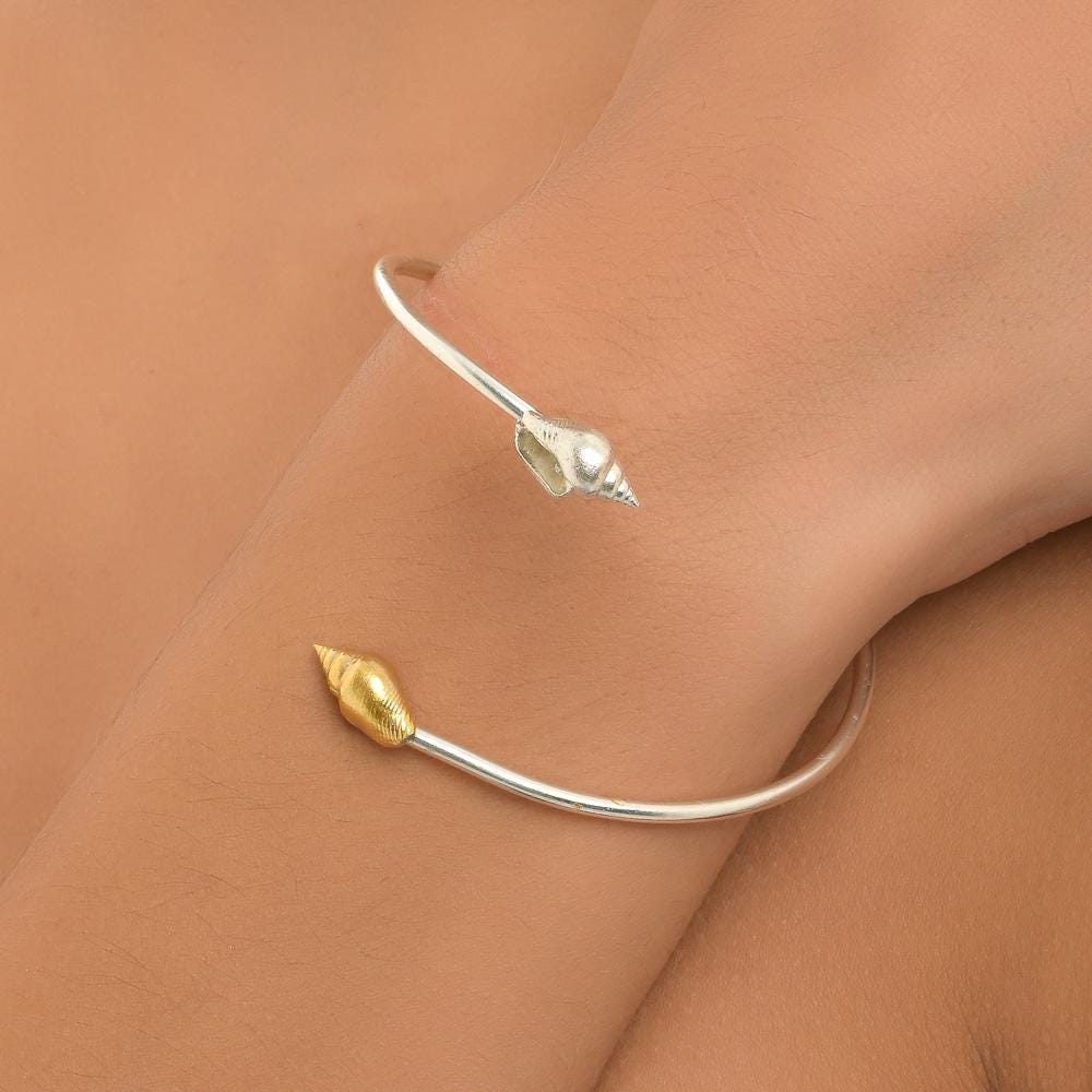 Sea Shell Cuff Bracelet, Dainty Gold Plated Silver (Adjustable)