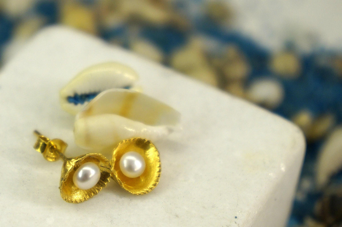 Minimalist Shell and Pearl Earrings: Dainty Sterling Silver, 14k Gold