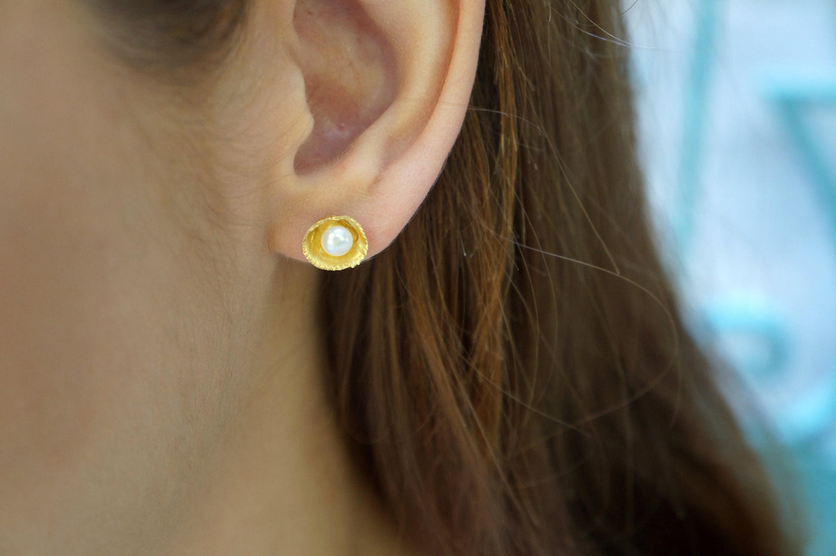 Minimalist Shell and Pearl Earrings: Dainty Sterling Silver, 14k Gold